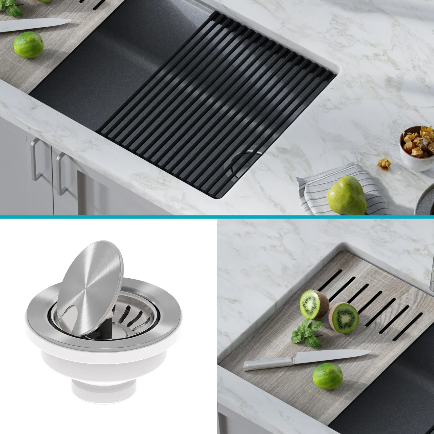New Bellucci Workstation 33" Undermount Granite Composite Kitchen Sink in Metallic Gray with Accessories Workstation Sinks|Single Bowl Sinks