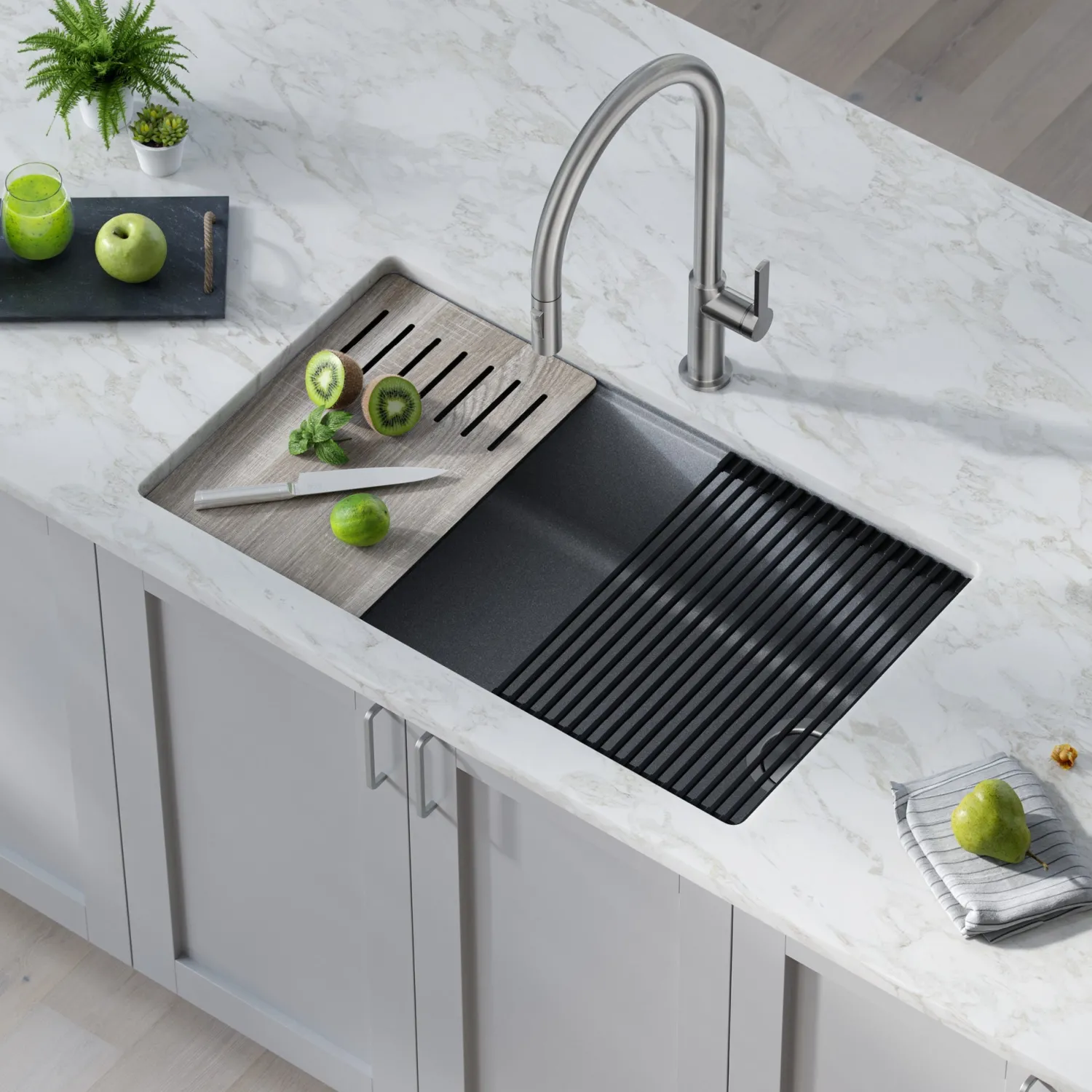New Bellucci Workstation 33" Undermount Granite Composite Kitchen Sink in Metallic Gray with Accessories Workstation Sinks|Single Bowl Sinks