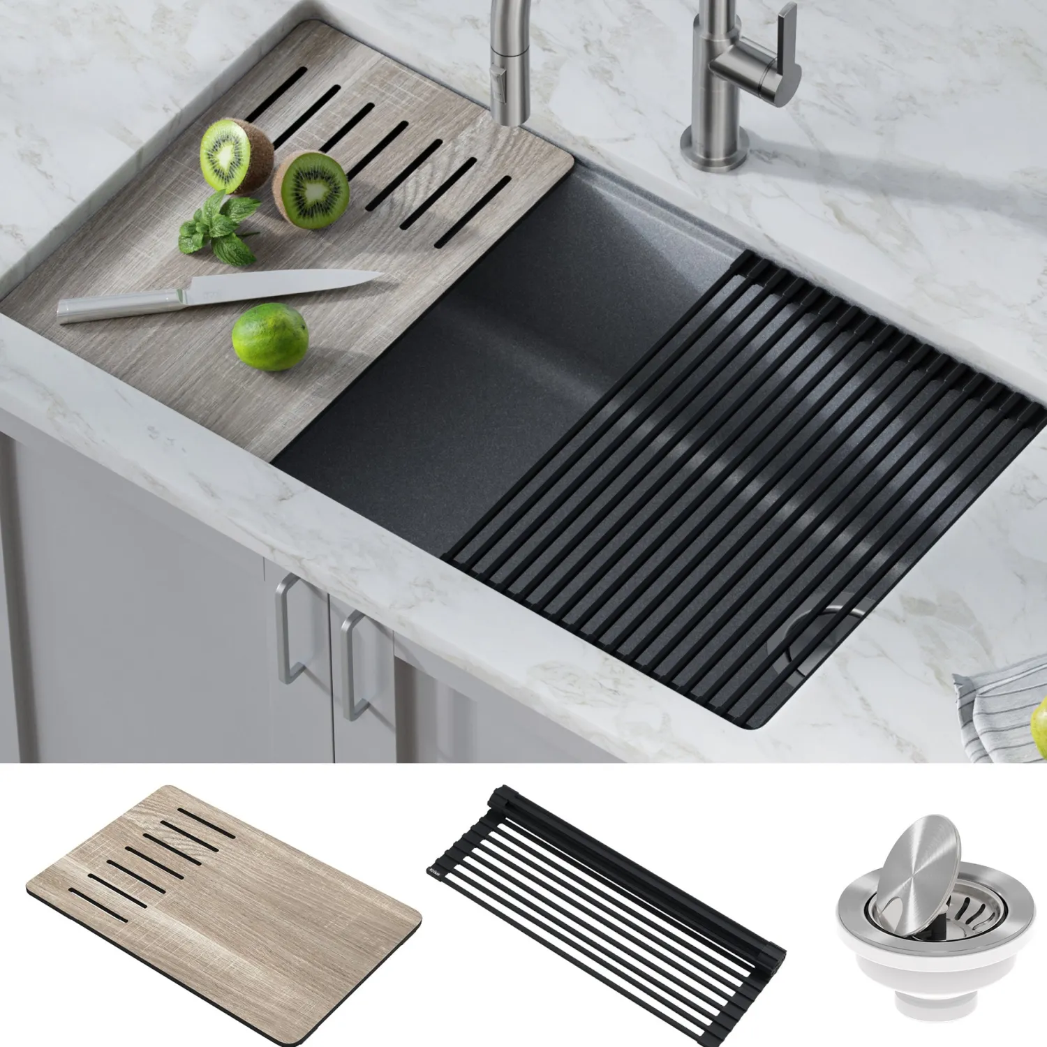 New Bellucci Workstation 33" Undermount Granite Composite Kitchen Sink in Metallic Gray with Accessories Workstation Sinks|Single Bowl Sinks