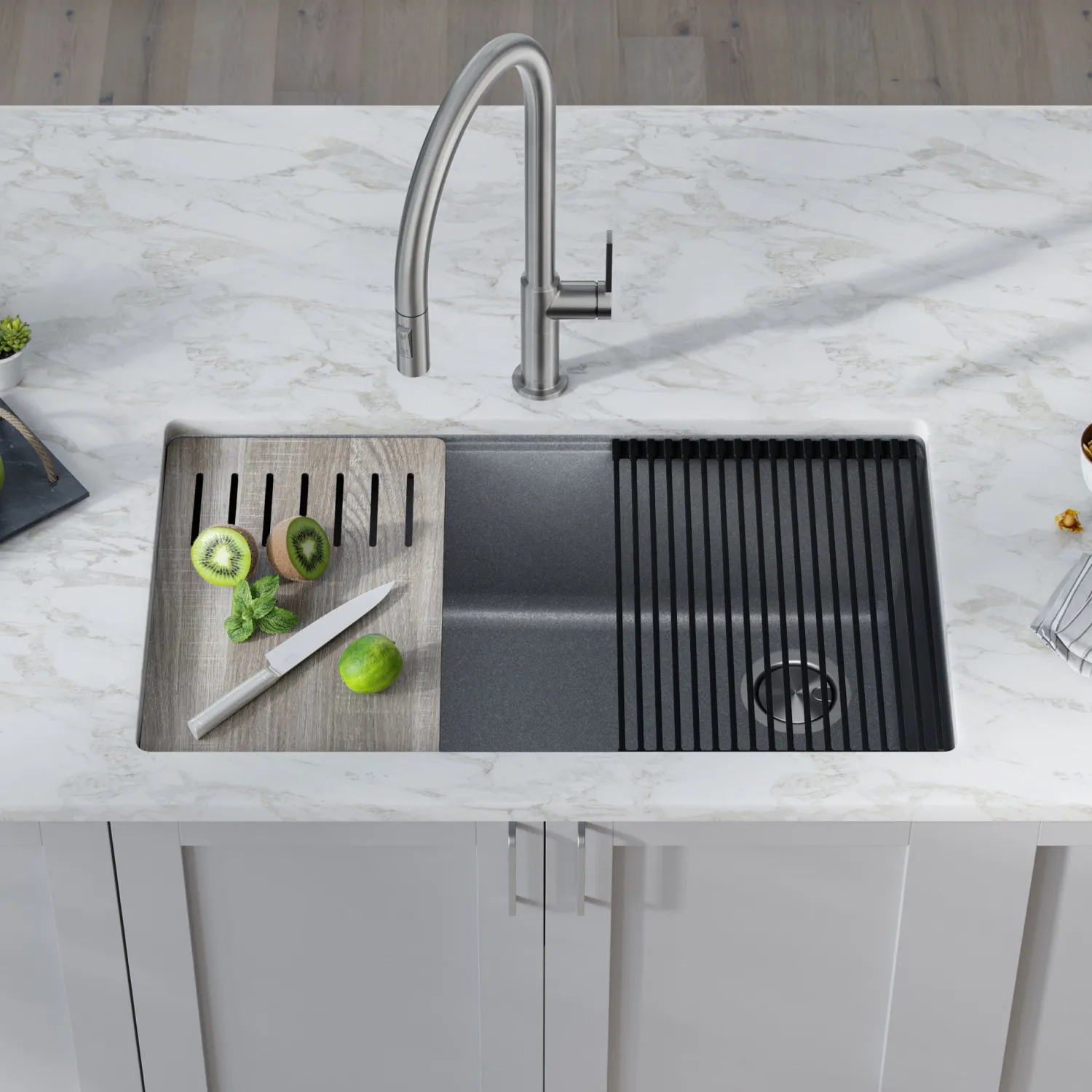 New Bellucci Workstation 33" Undermount Granite Composite Kitchen Sink in Metallic Gray with Accessories Workstation Sinks|Single Bowl Sinks