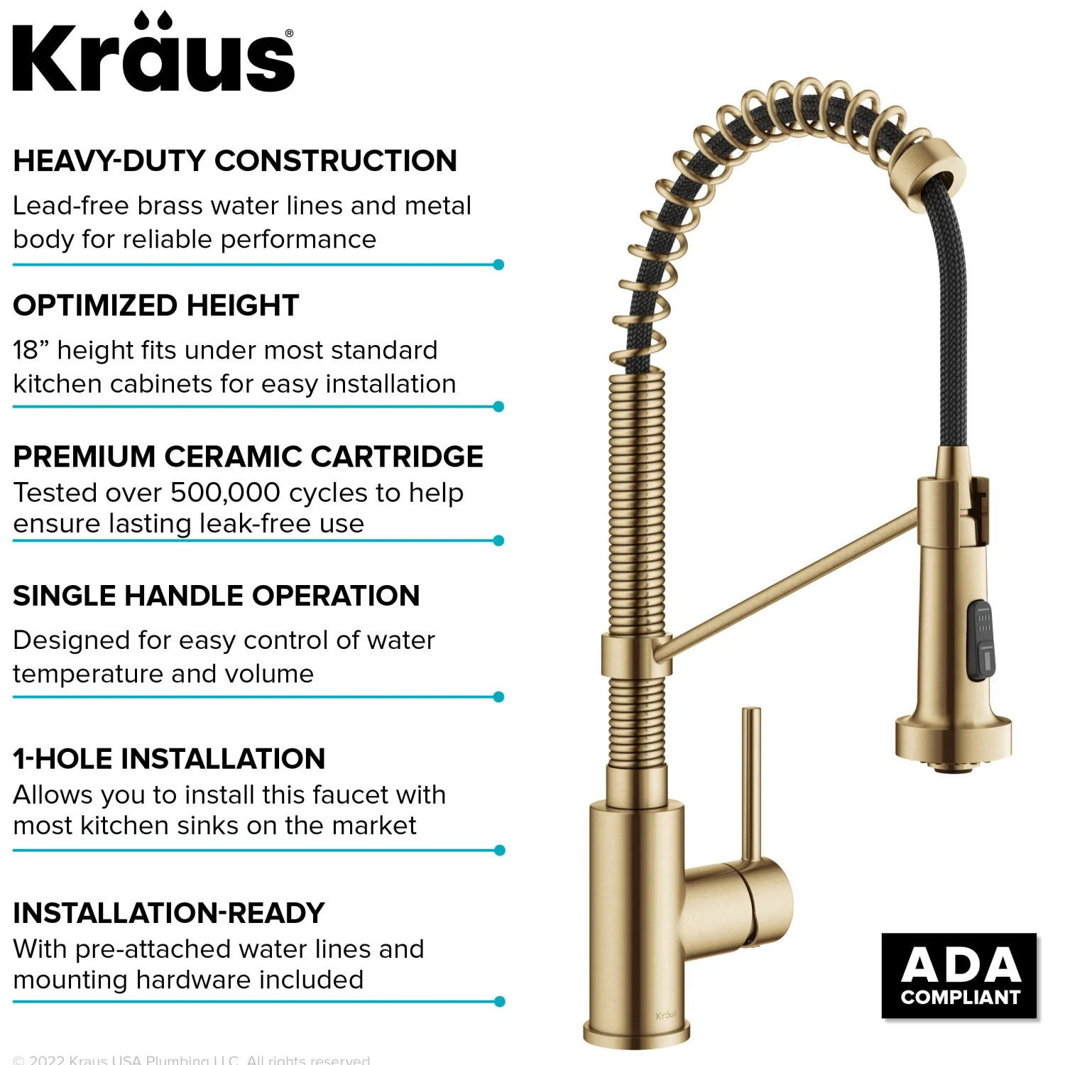 New Bolden Commercial Style Pull-Down Single Handle 18-Inch Kitchen Faucet in Brushed Brass Single Hole