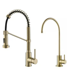 Clearance Bolden Commercial Style Pull-Down Kitchen Faucet and Purita Water Filter Faucet Combo in Spot Free Antique Champagne Bronze Single Hole|Water Filter Faucets