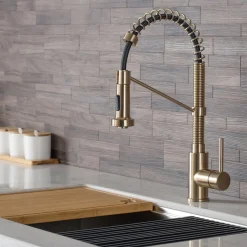 Discount Bolden 18-Inch Commercial Kitchen Faucet with Pull-Down Sprayhead in Brushed Gold Single Hole