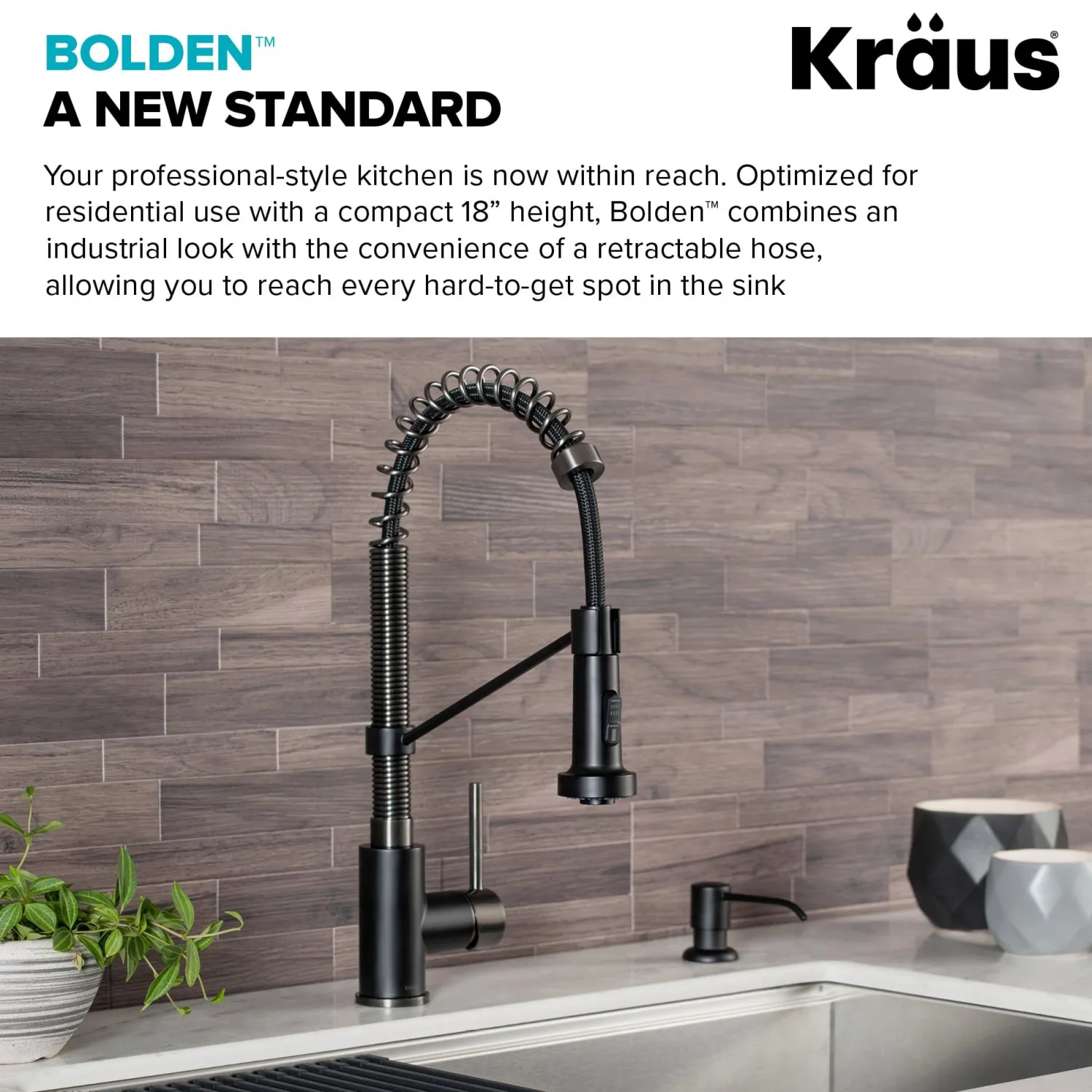 Sale Bolden 18-Inch Commercial Kitchen Faucet with Pull-Down Sprayhead in Matte Black/Black Stainless Single Hole
