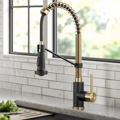 Clearance Bolden 18-Inch Commercial Kitchen Faucet with Pull-Down Sprayhead in Brushed Brass & Matte Black Single Hole