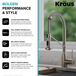 Sale Bolden 18-Inch Commercial Kitchen Faucet with Pull-Down Sprayhead in Stainless Steel Single Hole