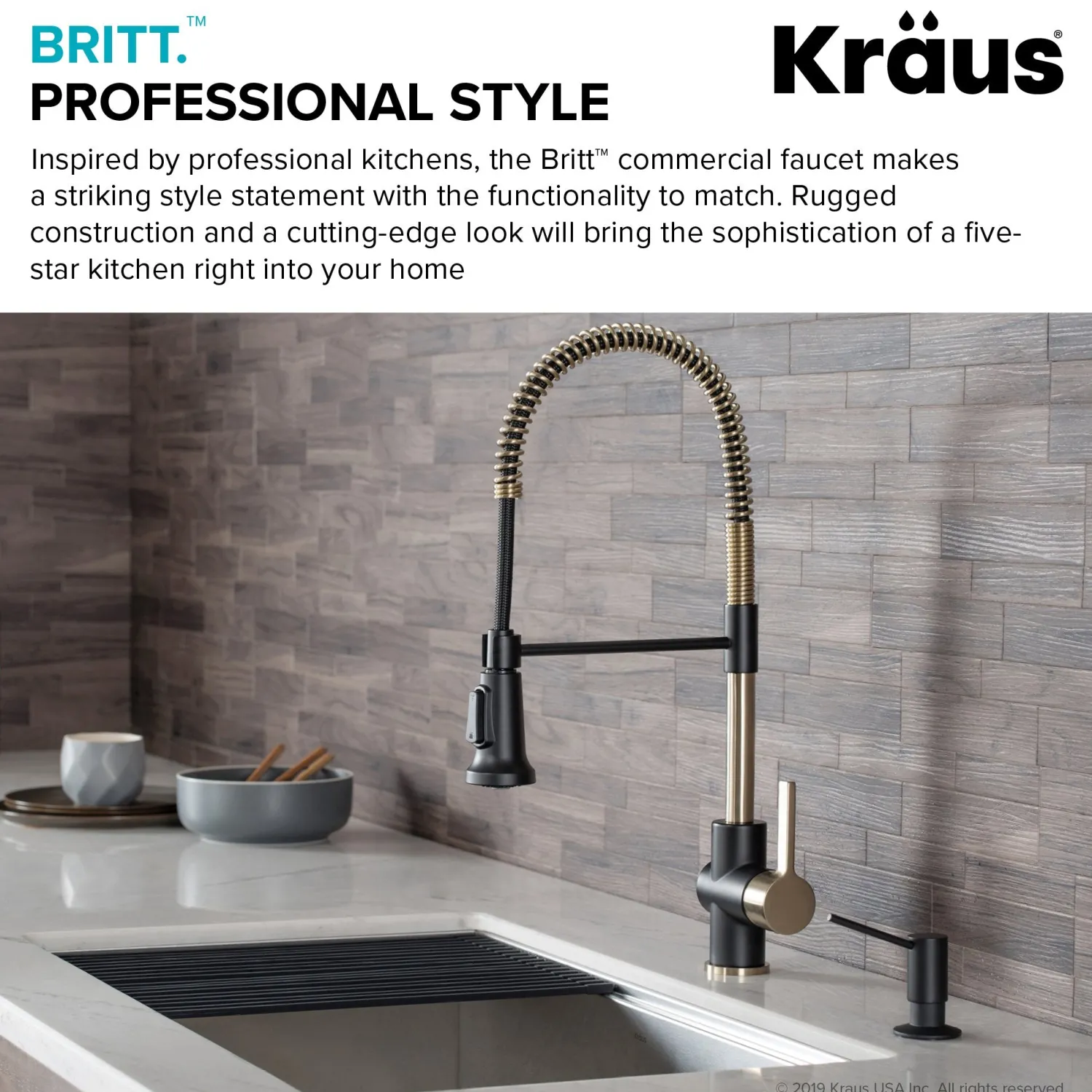 Sale Britt Commercial Style Kitchen Faucet in Matte Black/Brushed Gold Single Hole