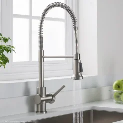 Discount Britt Single Handle Commercial Kitchen Faucet with Deck Plate and Soap Dispenser in all-Brite Spot Free Stainless Steel Single Hole