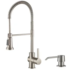 Discount Britt Single Handle Commercial Kitchen Faucet with Deck Plate and Soap Dispenser in all-Brite Spot Free Stainless Steel Single Hole