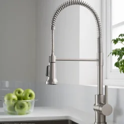 Discount Britt Single Handle Commercial Kitchen Faucet with Deck Plate and Soap Dispenser in all-Brite Spot Free Stainless Steel Single Hole