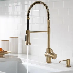 Online Britt Single Handle Commercial Kitchen Faucet with Deck Plate and Soap Dispenser in Spot Free Antique Champagne Bronze Single Hole