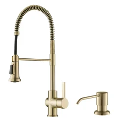 Online Britt Single Handle Commercial Kitchen Faucet with Deck Plate and Soap Dispenser in Spot Free Antique Champagne Bronze Single Hole