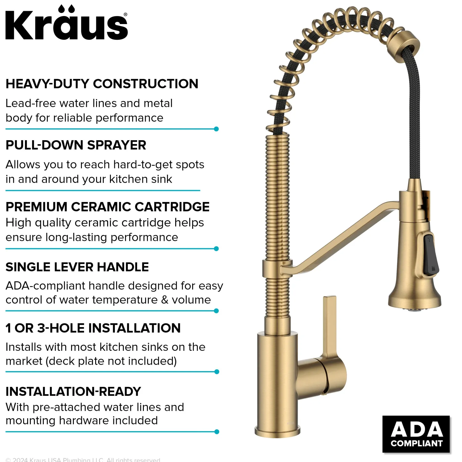 Sale Britt Single Handle Pull Down Kitchen Faucet in Spot-Free Brushed Brass Single Hole