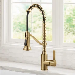 Sale Britt Single Handle Pull Down Kitchen Faucet in Spot-Free Brushed Brass Single Hole
