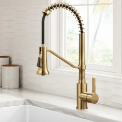 Sale Britt Single Handle Pull Down Kitchen Faucet in Spot-Free Brushed Brass Single Hole