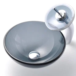 Hot Clear Black 14" Glass Vessel Bathroom Sink with PU-MR Above Counter / Vessel Sinks
