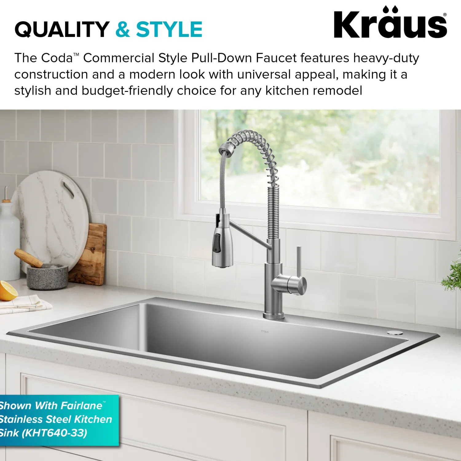 Sale Coda Commercial Style Single Handle Pull Down Kitchen Faucet in Spot-Free Stainless Steel Single Hole