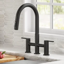 Discount Contemporary Bridge Kitchen Faucet with Spray-Head in Matte Black Bridge Faucets