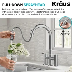Best Contemporary Bridge Kitchen Faucet with Spray-Head in Spot-Free Stainless Bridge Faucets