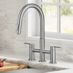 Best Contemporary Bridge Kitchen Faucet with Spray-Head in Spot-Free Stainless Bridge Faucets