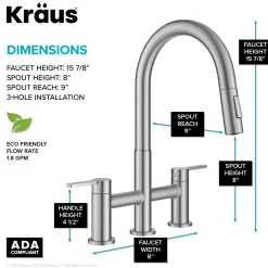 Best Contemporary Bridge Kitchen Faucet with Spray-Head in Spot-Free Stainless Bridge Faucets