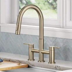 Discount Contemporary Bridge Kitchen Faucet with Spray-Head in Antique Bronze Bridge Faucets