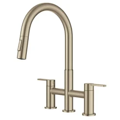 Discount Contemporary Bridge Kitchen Faucet with Spray-Head in Antique Bronze Bridge Faucets