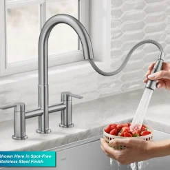 Discount Contemporary Bridge Kitchen Faucet with Spray-Head in Antique Bronze Bridge Faucets