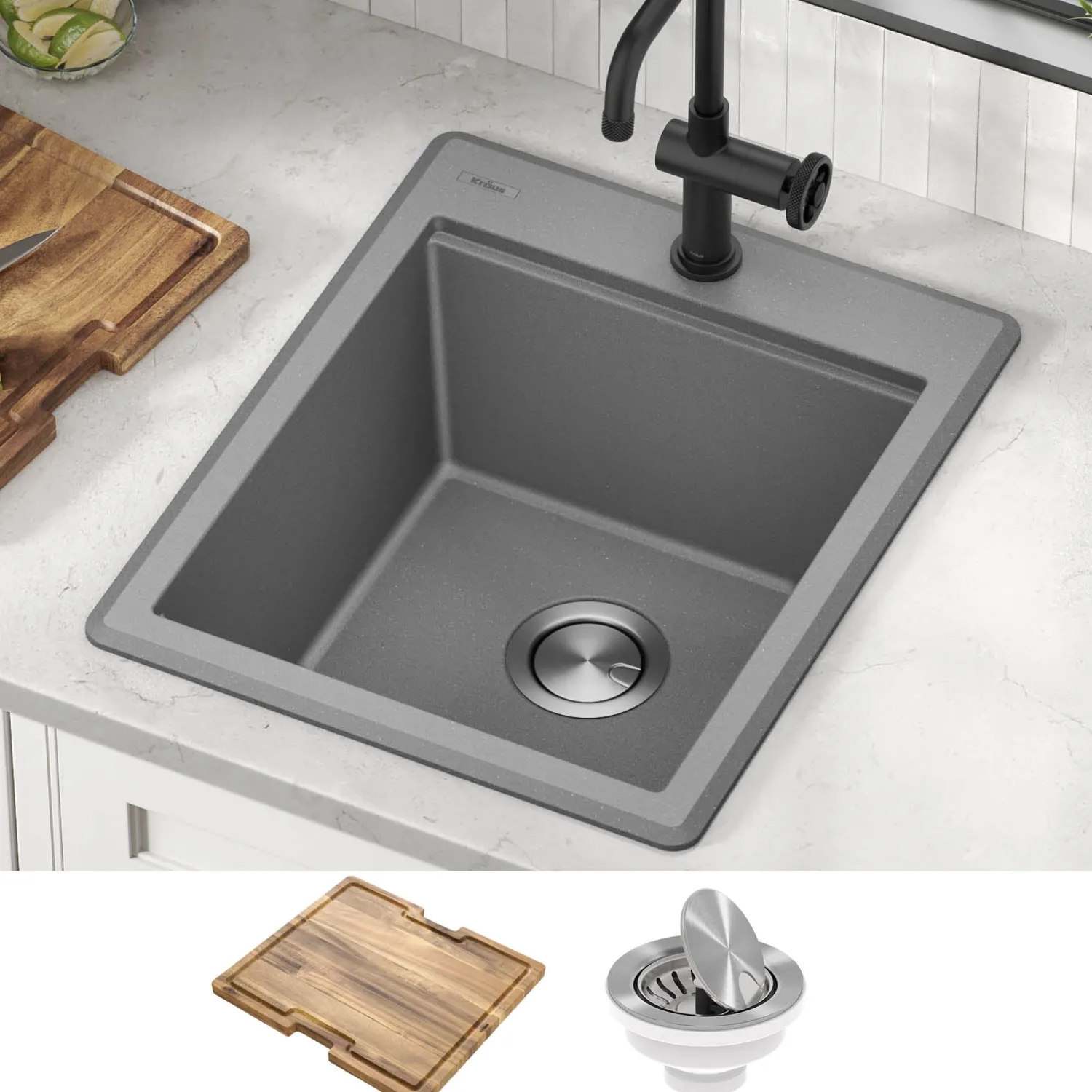 18” Drop-In Granite Composite Workstation Kitchen Bar Sink in Metallic Grey Bar / Prep Sinks|Workstation Sinks