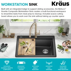 Best 28” Drop-In Granite Composite Workstation Kitchen Sink in Metallic Black Drop-In / Top Mount Sinks|Single Bowl Sinks
