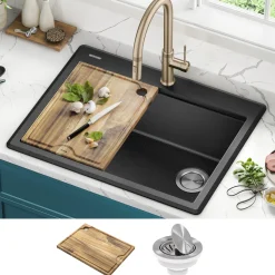 Best 28” Drop-In Granite Composite Workstation Kitchen Sink in Metallic Black Drop-In / Top Mount Sinks|Single Bowl Sinks