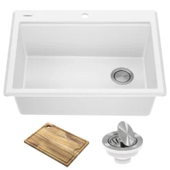 Discount 28” Drop-In Granite Composite Workstation Kitchen Sink in White Drop-In / Top Mount Sinks|Single Bowl Sinks