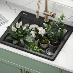 Discount 25” Drop-In Granite Composite Workstation Kitchen Sink in Metallic Black Drop-In / Top Mount Sinks|Single Bowl Sinks