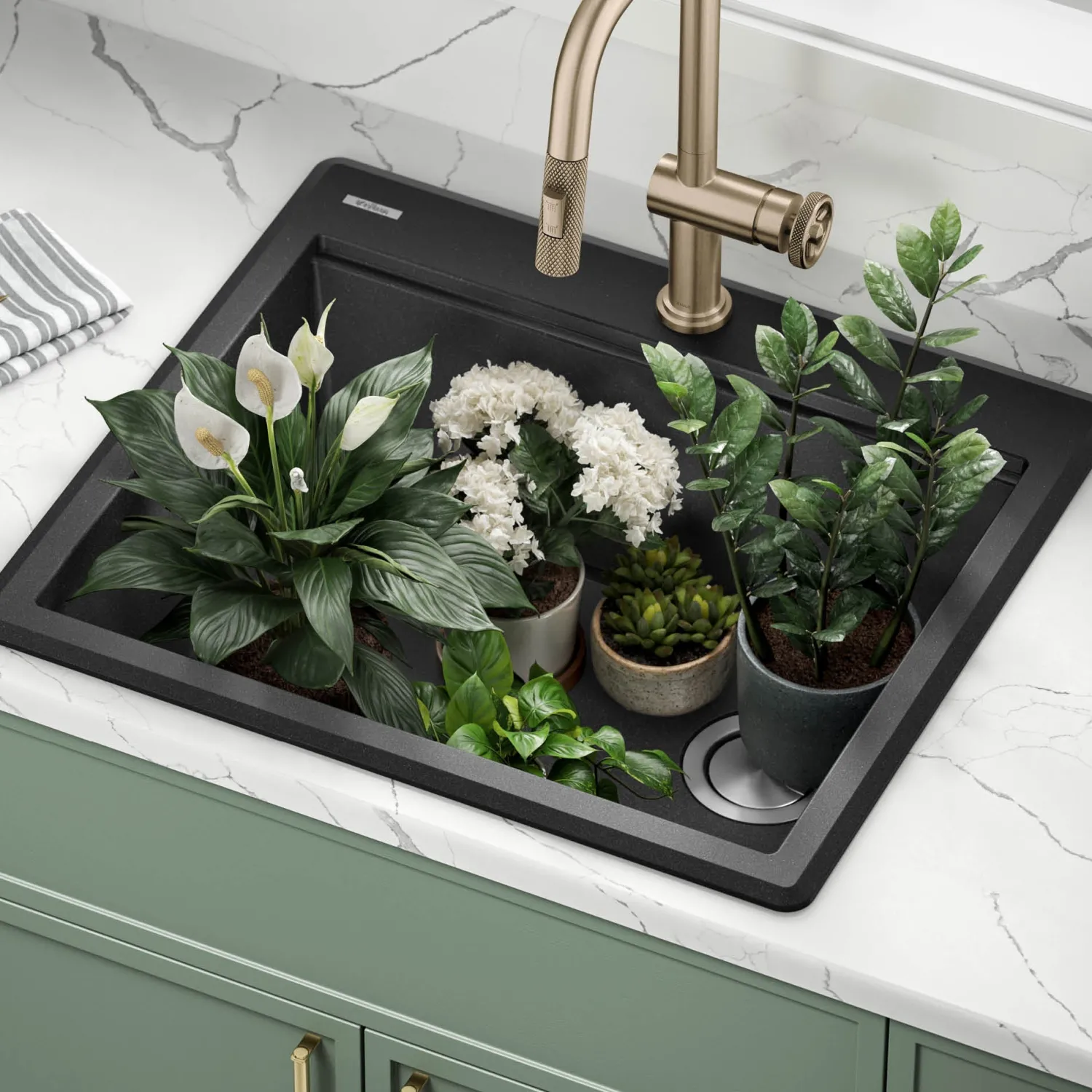 Discount 25” Drop-In Granite Composite Workstation Kitchen Sink in Metallic Black Drop-In / Top Mount Sinks|Single Bowl Sinks