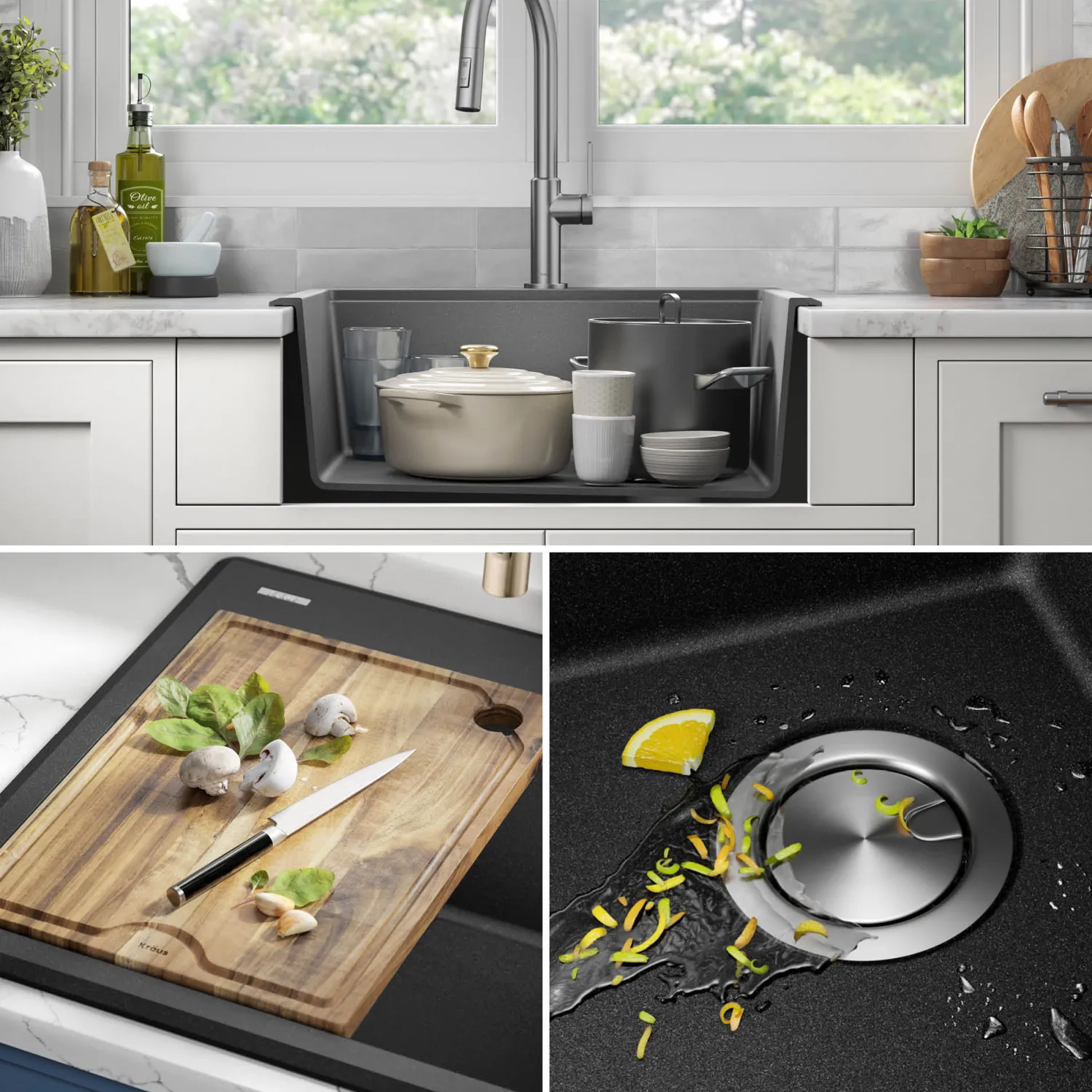Discount 25” Drop-In Granite Composite Workstation Kitchen Sink in Metallic Black Drop-In / Top Mount Sinks|Single Bowl Sinks