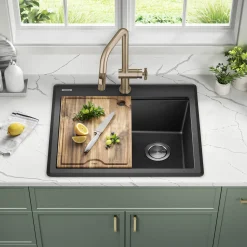 Discount 25” Drop-In Granite Composite Workstation Kitchen Sink in Metallic Black Drop-In / Top Mount Sinks|Single Bowl Sinks