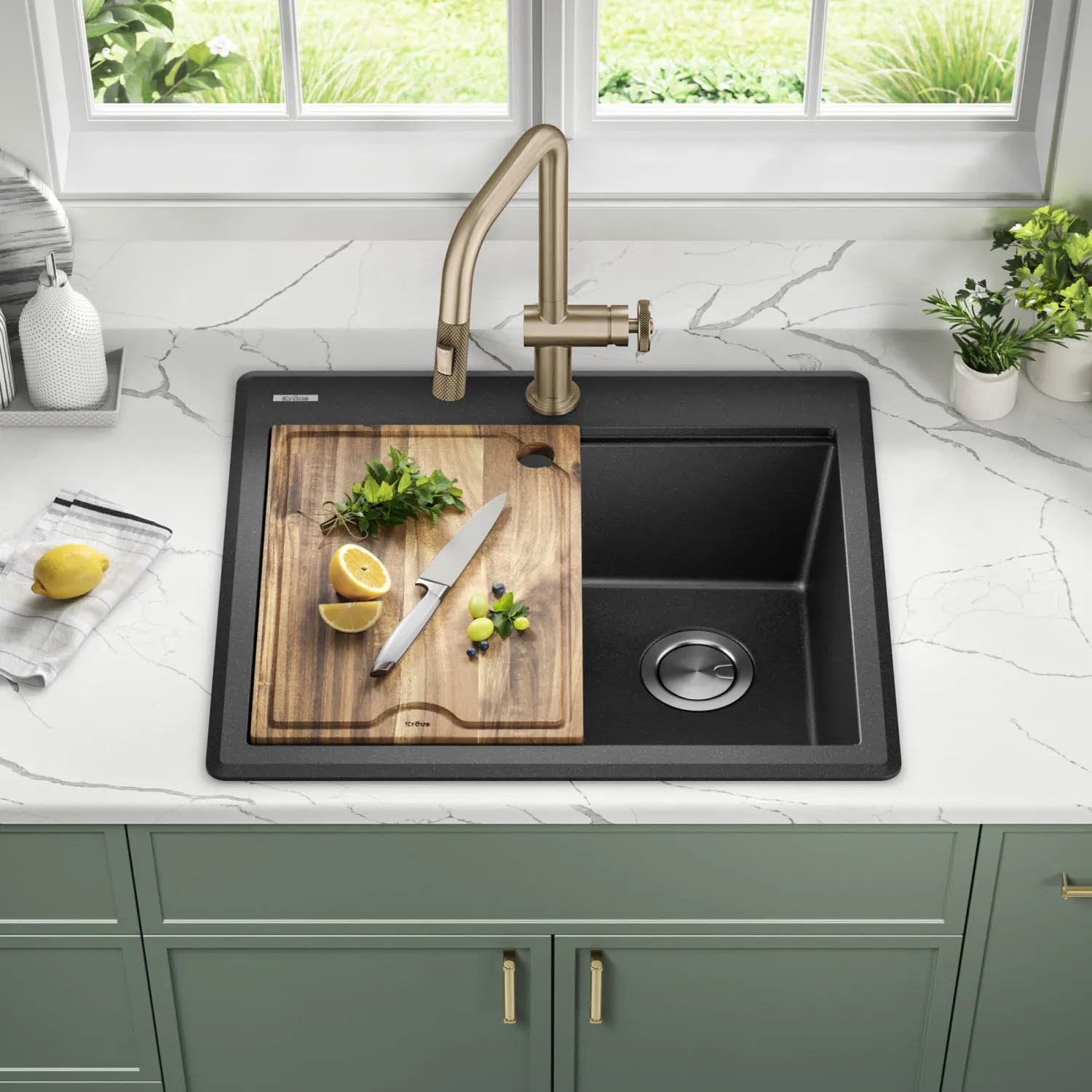 Discount 25” Drop-In Granite Composite Workstation Kitchen Sink in Metallic Black Drop-In / Top Mount Sinks|Single Bowl Sinks