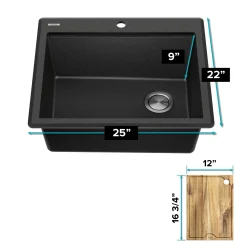 Discount 25” Drop-In Granite Composite Workstation Kitchen Sink in Metallic Black Drop-In / Top Mount Sinks|Single Bowl Sinks