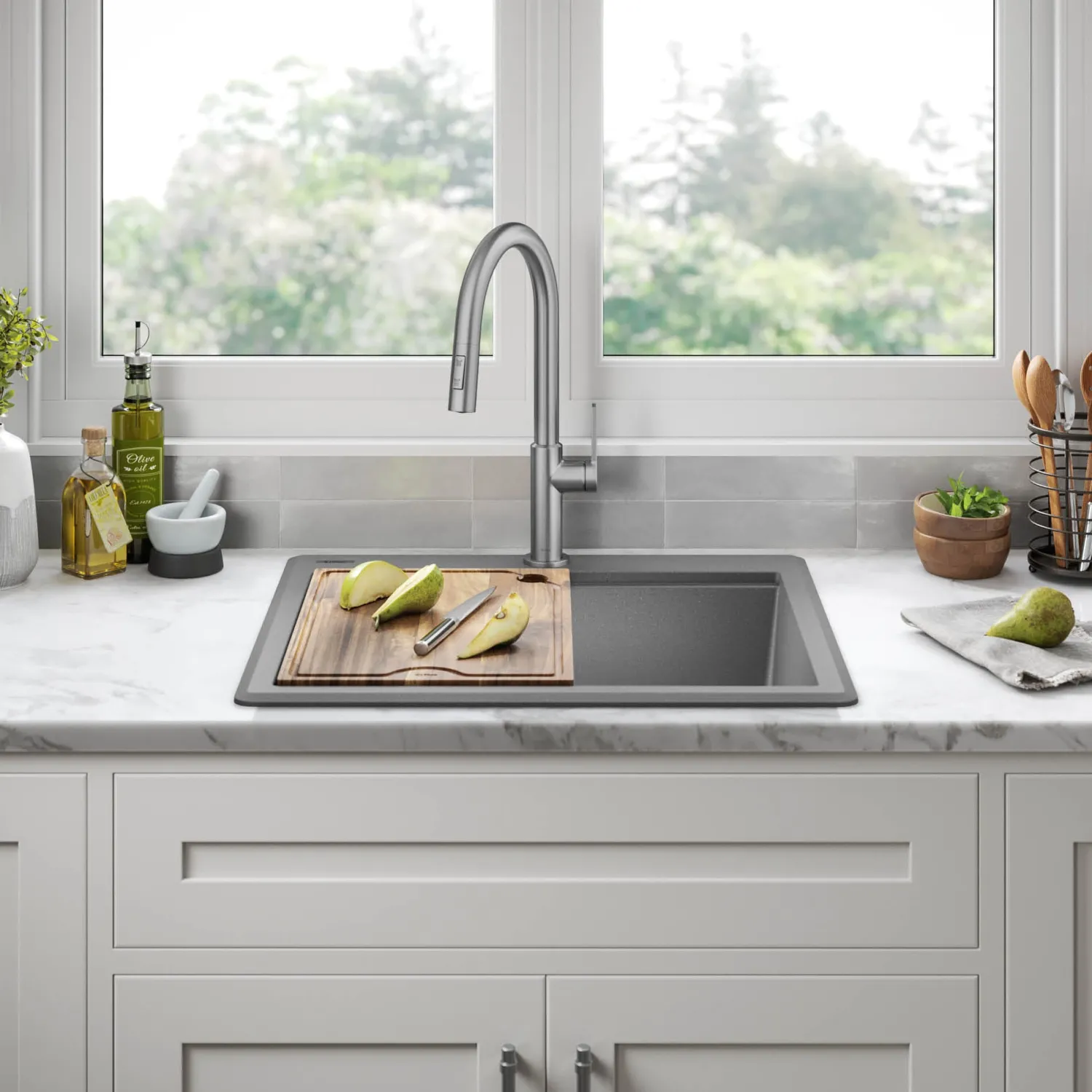 25” Drop-In Granite Composite Workstation Kitchen Sink in Metallic Grey Drop-In / Top Mount Sinks|Single Bowl Sinks