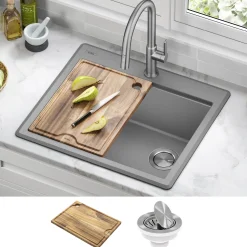 25” Drop-In Granite Composite Workstation Kitchen Sink in Metallic Grey Drop-In / Top Mount Sinks|Single Bowl Sinks