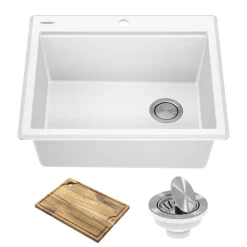 Best 25” Drop-In Granite Composite Workstation Kitchen Sink in White Drop-In / Top Mount Sinks|Single Bowl Sinks