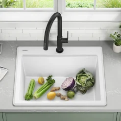 Best 25” Drop-In Granite Composite Workstation Kitchen Sink in White Drop-In / Top Mount Sinks|Single Bowl Sinks