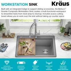 New 28” Drop-In Granite Composite Workstation Kitchen Sink in Metallic Grey Drop-In / Top Mount Sinks|Single Bowl Sinks