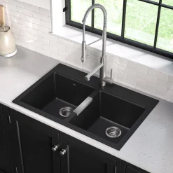 Outlet 33" Dual Mount 50/50 Double Bowl Black Onyx Granite Kitchen Sink Drop-In / Top Mount Sinks|Double Bowl Sinks