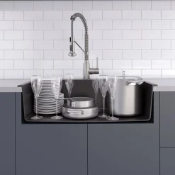 Clearance 31" Dual Mount Single Bowl Granite Kitchen Sink with Topmount and Undermount Installation in Black Onyx Drop-In / Top Mount Sinks|Single Bowl Sinks