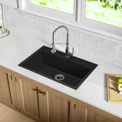 Clearance 31" Dual Mount Single Bowl Granite Kitchen Sink with Topmount and Undermount Installation in Black Onyx Drop-In / Top Mount Sinks|Single Bowl Sinks
