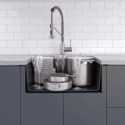 New 24" Dual Mount Single Bowl Granite Kitchen Sink with Topmount and Undermount Installation in Black Onyx Drop-In / Top Mount Sinks|Single Bowl Sinks