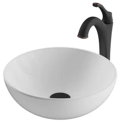 Sale Elavo 14-Inch Round White Porcelain Ceramic Bathroom Vessel Sink and Arlo Faucet Combo Set with Pop-Up Drain Sink And Faucet Combos|Above Counter / Vessel Sinks