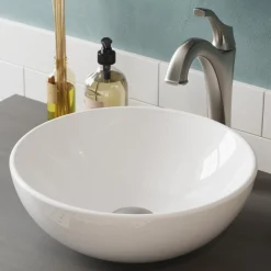 Sale Elavo 14-Inch Round White Porcelain Ceramic Bathroom Vessel Sink and Arlo Faucet Combo Set with Pop-Up Drain Sink And Faucet Combos|Above Counter / Vessel Sinks