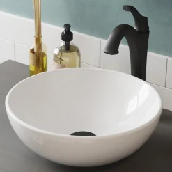 Sale Elavo 14-Inch Round White Porcelain Ceramic Bathroom Vessel Sink and Arlo Faucet Combo Set with Pop-Up Drain Sink And Faucet Combos|Above Counter / Vessel Sinks
